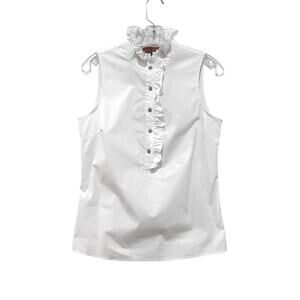 Tory Burch Shirt Womens 8 White Ruffle Front Sleeveless Top Cotton Blend Poplin